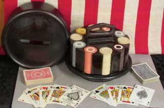 Vintage Antique Poker Chips Bakelite 5 Color Set Wood Caddy 2 Decks Cards Casino