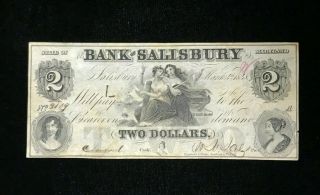 Scarce Vtg 1850s Banknote 1848 Bank Of Salisbury Maryland Two 2 Dollars Obsolete