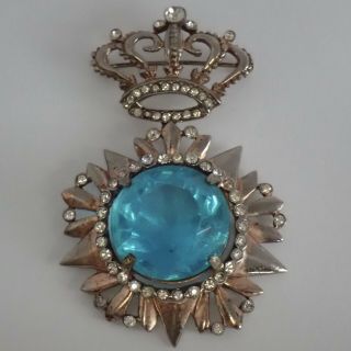 Vintage High End Sterling Silver Crystal Aqua Rhinestone Crown Star Brooch