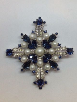 Rare Crown Trifari Sapphire Blue Rhinestone Maltese Cross Pin And Pendant