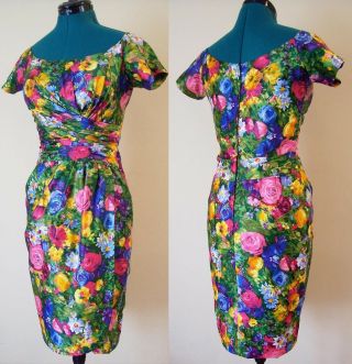 Vintage 1950s Ceil Chapman Dress B35 Watercolor Floral Polished Cotton Bombshell