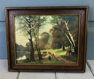 Antique 1930 Listed California Artist Christian Petersen Skov Cows Oil Painting