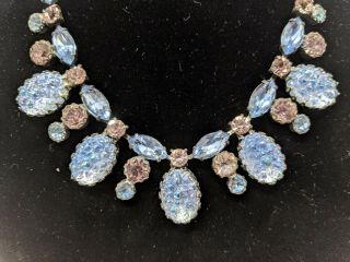 Vintage Signed Elsa Schiaparelli Blue Pink Glass Stones Silver Tone Necklace