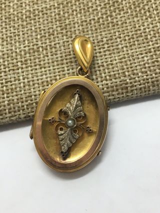 Estate Antique 10k Gold Victorian Locket Pendant With Silver Seed Pearl (197005)