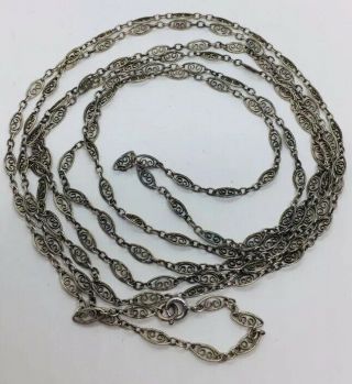 Antique Victorian Sterling Silver Filigree Long Chain Necklace 60”
