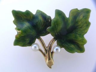 Wonderful Vintage 14k Enamel Pin / Brooch W/ Leaves & Pearls Art Nouveau