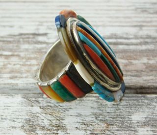 Vtg Old Pawn Navajo Cobble Multi Stone Turquoise Red Coral Sterling Silver Ring