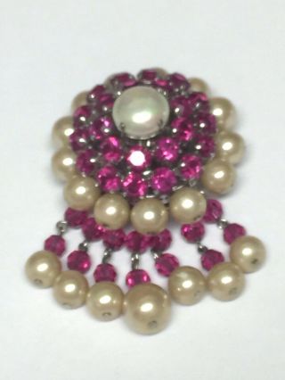 Vintage Christian Dior Germany Faux Pearls Pink Rhinestones Brooch Pin