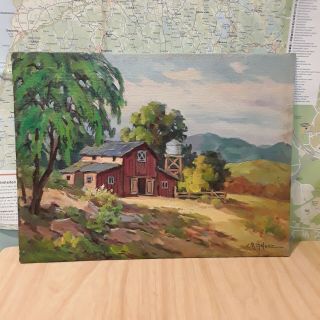 Vintage Oil Painting By Filipino Artist M.  Galvez - Landscape Farm Barn Country