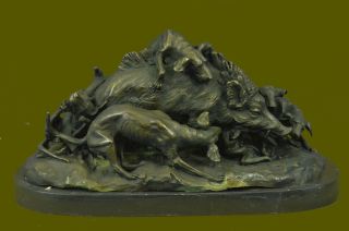 Handmade Vintage Lecourtier Wild Boar & Dogs Bronze Sculpture Figurine Figure