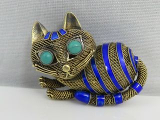 Vintage Chinese Silver Cat Brooch Pins Gilt Sterling Silver Turquoise Eyes.
