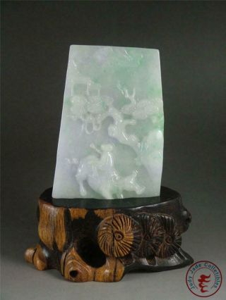 Old Chinese Jadeite Emerald Jade Carved Statue Boy,  Cattle & Pine Tree W/ Stand