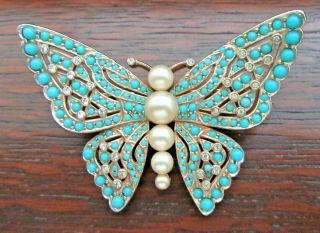 Vintage Gorgeous Designer Ciner Turquoise Cabs & Pearls Butterfly Brooch Pin