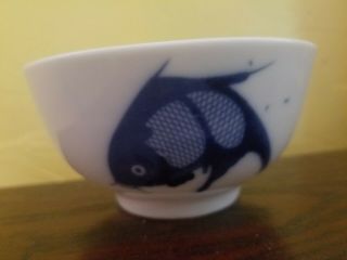 Antique Misty Rose Chinese Porcelain Blue & White Koi Fish Rice Bowl 4.  5 " X 2.  5 "
