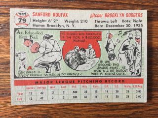 1956 TOPPS SANDY KOUFAX BASEBALL CARD NO CREASES - REALLY - VINTAGE 2
