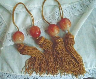 2 Antique Chinese Scroll Weights Tassels With & Glass Beads