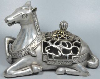 Collectable Chinese Old Miao Silver Carve Sleep Horse Delicate Incense Burner