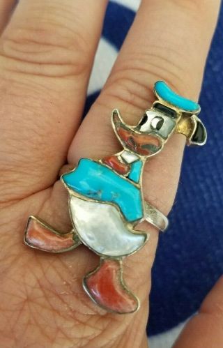 Rare Vintage Donald Duck Ring Size 10 Sterling Silver Inlayed With Turquoise
