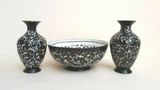 2 Persian Isfahan Black Enamel Copper Glass Bead Gold Painted Vases & Birds Bowl