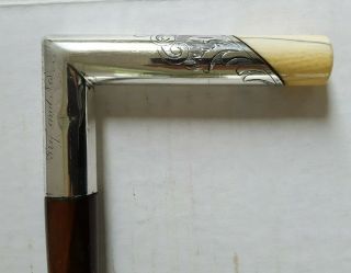 Antique Silver Handle Cane Walking Stick with Inscription 2