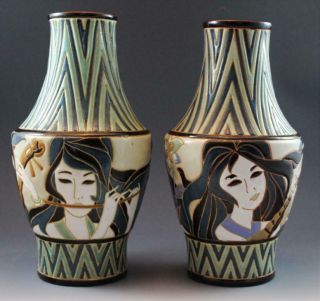 Pair Art Deco Japanese Ceramic Vases W/ Geisha Figures Playing Instruments