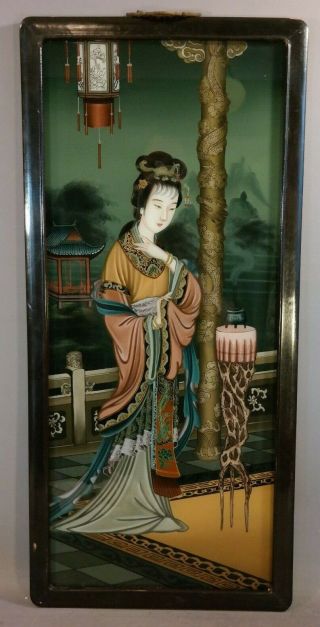 Lg Vintage Oriental Geisha Chinese Lady Incense Pagoda Reverse Painting On Glass