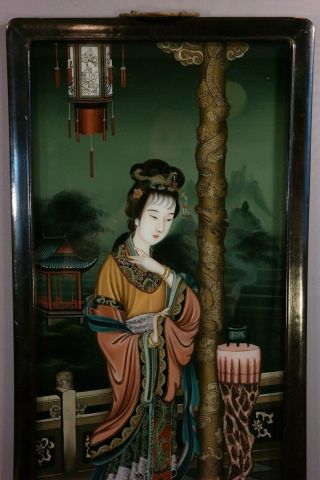 LG Vintage ORIENTAL Geisha CHINESE LADY Incense PAGODA Reverse PAINTING on GLASS 2