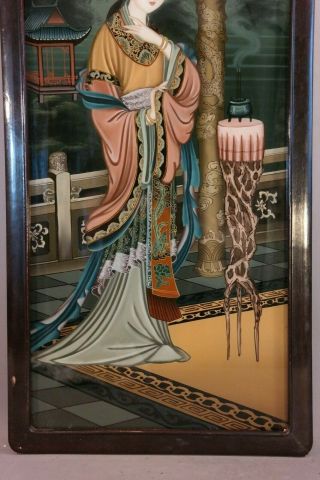 LG Vintage ORIENTAL Geisha CHINESE LADY Incense PAGODA Reverse PAINTING on GLASS 3