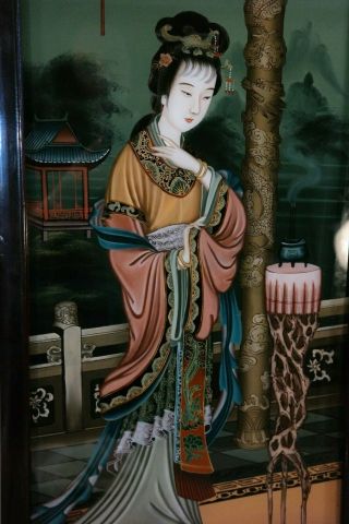 LG Vintage ORIENTAL Geisha CHINESE LADY Incense PAGODA Reverse PAINTING on GLASS 4