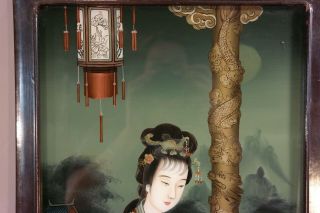 LG Vintage ORIENTAL Geisha CHINESE LADY Incense PAGODA Reverse PAINTING on GLASS 5