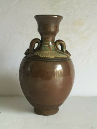 Vintage Brown Blue Drip Glaze Chinese Ceramic Pottery Two Handle Vase 6 1/4