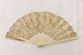 Antique Hand Held Chinese Fan Bone And Lace Construction (fs30)