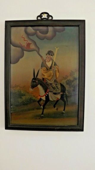 Framed Vintage/antique Chinese Reverse Glass Painting Man On Donkey