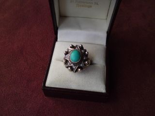 Rare Mughal Islamic Silver Gilt Turquoise Seed Pearls Eight - Pointed Star Ring