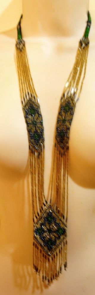 Vintage Art Deco Seed Glass Bead Loomed Flapper Lariat Sautoir Necklace Flower