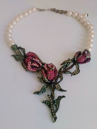 Heidi Daus Heavenly Sim.  Pink Tourmaline Roses & Pearl Deco Necklace - Rare -