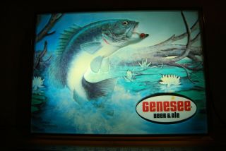 1950 ' s vintage Genesee Beer & Ale lighted Shadow Box sign Fishing lure w/ Bass 2