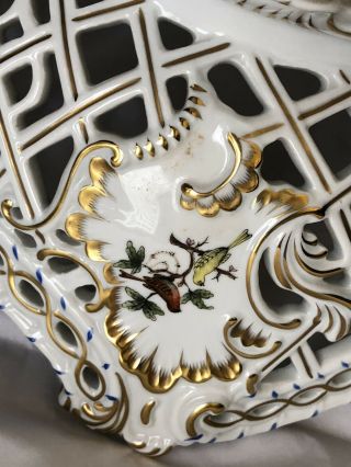 Herend Hungary Rothschild Bird 7437/RO Centerpiece Openwork Basket Porcelain Vtg 5