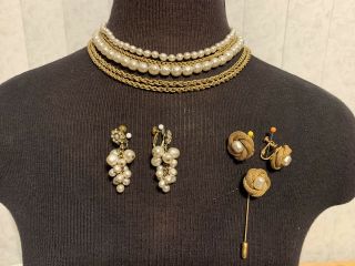 Vintage Miriam Haskell Necklace,  Two Pairs Of Earrings,  And Stick Pin