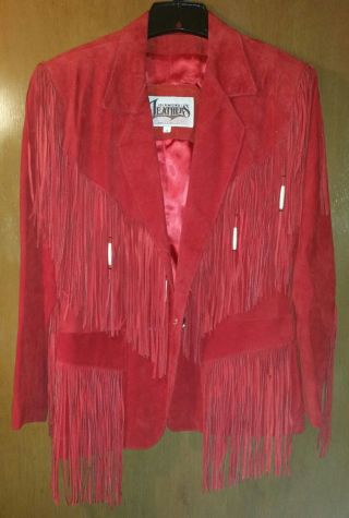 Vintage Red Suede Fringe " Diamond Leathers " Jacket Size Med Euc