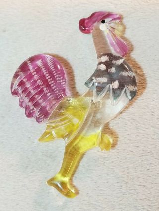 Vintage Reverse Painted Lucite Brooch Rooster Chicken 1940s Jewelry Carved Pin