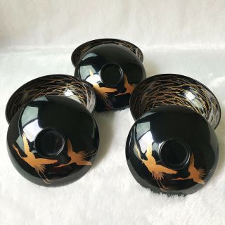 Japanese Vintage Lacquer Ware Set Of 3 Covered Bowls Lidded Black & Gold Crane