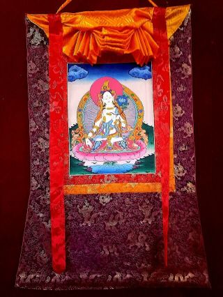 Handpainted Tibetan White Tara Buddha Thangka Painting & Brocade Dharma