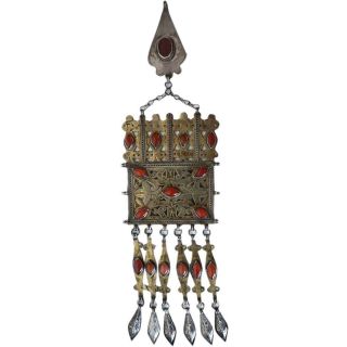 Large Vintage/antique Turkmenistan Silver And Carnelian Necklace Amulet Pendant