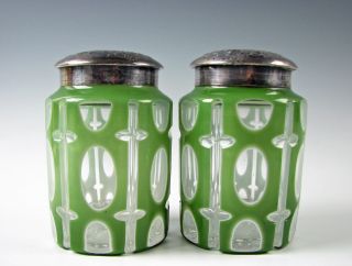 Antique Green Cut To White To Clear Double Overlay Art Glass Dresser Jars 19th C