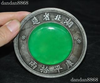 Chinese Dynasty Palace Tibetan Silver Inlay Green Jade Gem Dragon Money Coin Bi
