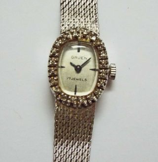 Vintage 14k White Gold Gruen/ Bulova Diamond Studded Ladies Watch W Gold F Band