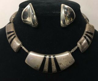 Mexican Sterling Modernist Lozenge Necklace & Earrings Black Enamel Striped