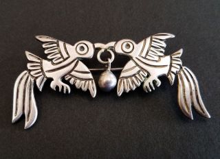 Vintage Early Taxco 980 Silver Parrots Brooch/pin With Bell Dangle/drop Figural