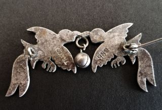 Vintage EARLY TAXCO 980 Silver Parrots Brooch/Pin With Bell Dangle/Drop Figural 3
